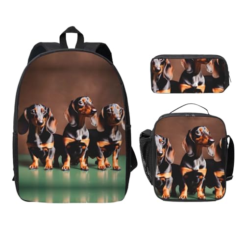Sac à dos d'école Dachshund Weiner 3 pièces avec boîte à déjeuner et trousse noir