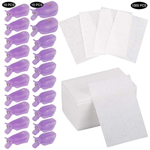 Nail Polish Remover Clip Set, 20 PCS Toe and Finger Nail Soak Off Nail Gel Polish Remover Clip Caps with 1000 PCS Lint Free Nail Wipes Cotton Pads - Purple