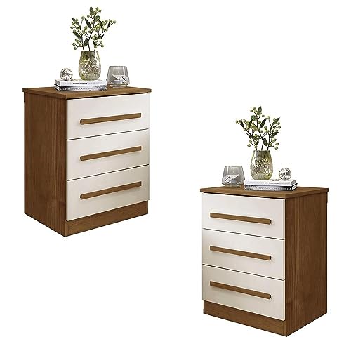 Conjunto 2 Mesas de Cabeceira Império Quarto com 3 Gavetas Cinamomo/off White
