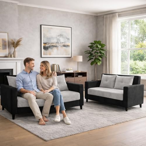 Image of Ultimate Comfort 3+2 Wooden Sofa Set | Premium Velvet Fabric | Modern 5-Seater Sofa | Durable & Stylish Living Room Furniture(Grey & Black)