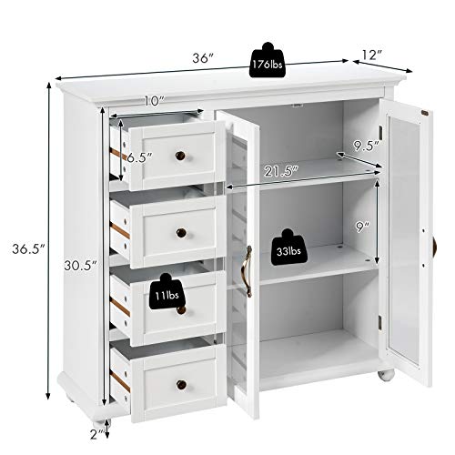 Giantex Buffet Sideboard, Wood Storage Cabinet, Console Table With 4 Drawers, 2-Door Credenza, Living Room Dining Room Furniture, Buffet Server, Kitchen Pantry Cupboard (White) #TOP4
