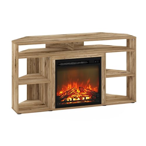 Image of Furinno Jensen Fireplace TV Stand, Corner Entertainment Center, TV Console for TV up to 55 Inch with Fireplace, for Living Room, Bedroom, Flagstaff Oak
