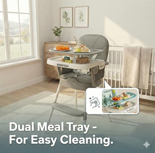 Image of 2 in 1 Convertible Baby Feeding High Chair For Dining | 5 Point Safety Harness | Double Removable Tray | Wide Footrest, Soft Cushion, Compact, Travel Friendly, Lightweight & Sturdy (Dove Grey)