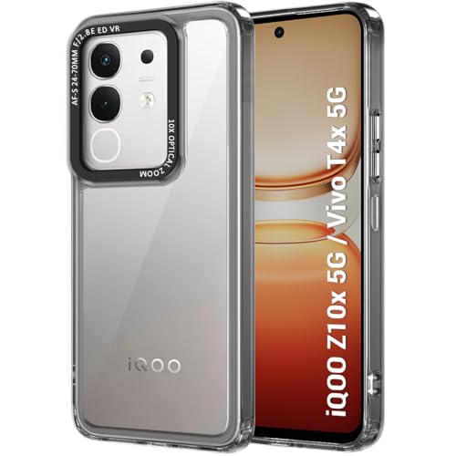 Image of TheGiftKart Hybrid Shockproof Back Cover Case for iQOO Z10x 5G / Vivo T4x 5G | Stylish Camera Border | Electroplated Buttons | Crystal Clear Hard Back Cover Case (TPU & PC, Smoked Bumper)