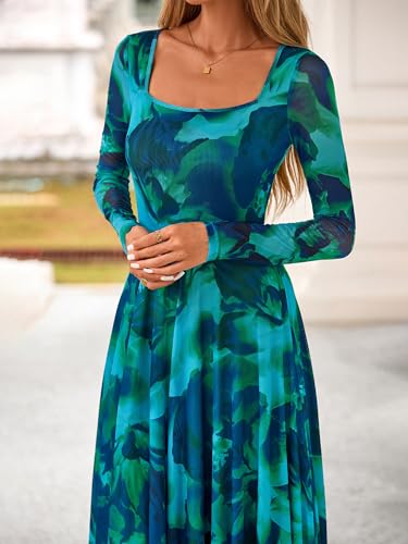 BTFBM Women Maxi Dress Fall 2025 Fashion Elegant Long Sleeve Square Neck Floral Print Party Club Wedding Guest Dresses