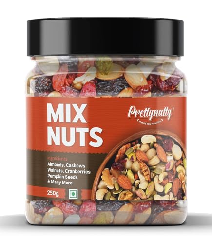 Prettynutty Healthy Nutmix 250G, Dried Almonds, Black Raisins, Cashewnuts, Cranberries, Green Raisins, Walnut Kernels & Many More.