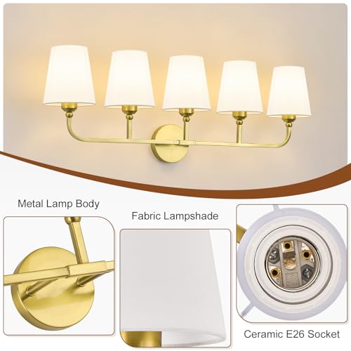 Image of Bathroom Vanity Light, Brushed Gold Bathroom Lighting Fixtures Over Mirror