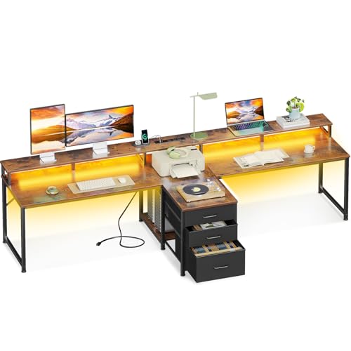 Casaottima 94 Inch 2 Person Home Office Computer Desk with Power Outlet & LED Light, Fabric Drawers & File Cabinet, Long Writing Desk with Monitor Stand, Storage Shelves, Study/Work Table, Vintage