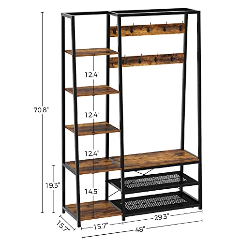 Rolanstar Hall Tree With Storage Bench, 5-In-1 Entryway Shelf With Coat Rack, 70.8" Coat Stand With 5 Side Shelves, 9 Hooks And Shoe Bench Rustic Brown #TOP5