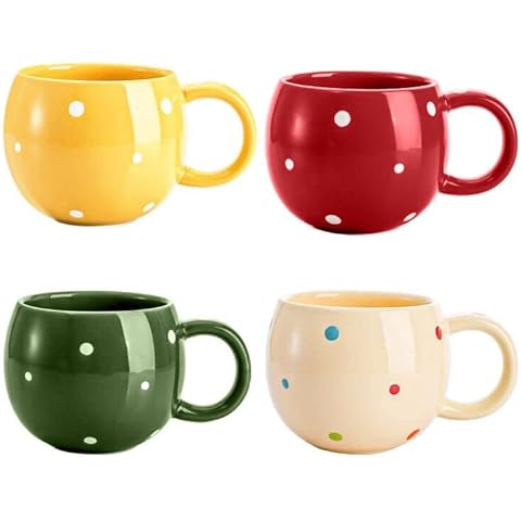 Cedilis 4 Pack Ceramic Coffee Mug, 400 ml Porcelain Cereal Mug, Wide Mug for Soup, Tea, Hot Cocoa, Hot Chocolate, Cappuccino, Soup Cereal Bowl for Kids, Polka Dot, Microwave Safe, Assorted Color Cover