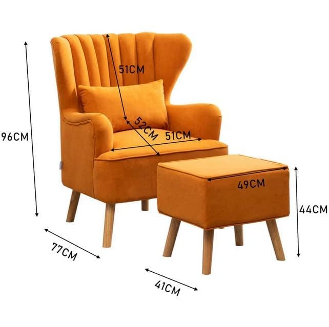 Image of Aisha CRAfT House Solid Wood Wing Chair for Living Room, Arm with Ottoman /Footrest for Bedroom, Velvet Accent Chair with Pouffes, High Back Occasional Tub Chairs with Foot Stool (Orange)