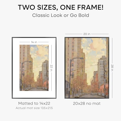 Image of Homeforia 20 x 28 Picture Frame Black, High End Metal 20x28 Poster Frames with Mat 14x22 for Photo, 20 x 28 Black Frame Matted to 14 x 22 Print, 28x20 Hanging Frame, Tempered Glass, Wall Kit, Set of 3