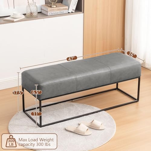 Image of Leather Entryway Bench, Modern Long Leather Ottoman Bench Seat with Metal Frame, 47'' Upholstered Bedroom Bench for Living Room Entryway Window, Vintage Gray