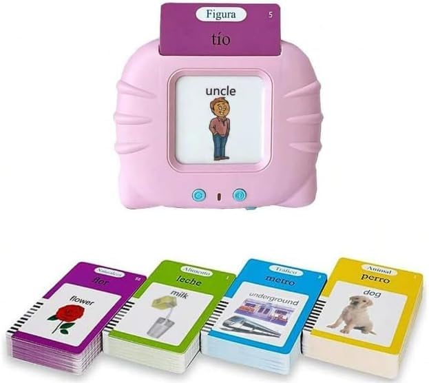 Spanish Talking Flash Cards for Kids | English & Spanish Bilingual Learning Toys | Toys to learn Spanish and English for Toddlers 2-6 | Speech Therapy, Phonics & Early Learning Flashcards, Pink