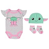 STAR WARS Mandalorian The Child Baby Girls’ Three Piece Gift Set with Bodysuit, Hat, and Socks - Baby Yoda Baby Clothes (Grey/Green/Pink, 3-6 Months)