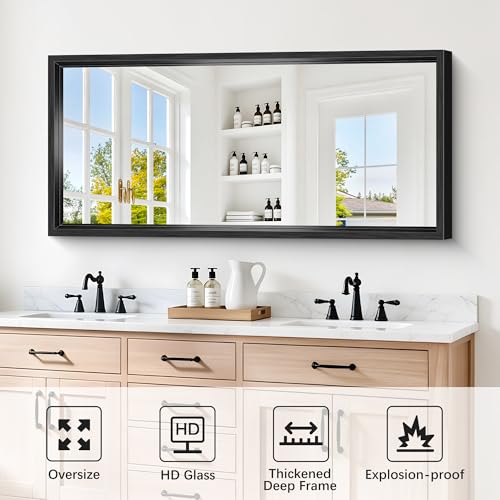 Image of Black Full Length Mirror, 60x28 inch Large Bathroom Mirrors for Over Sink, 0.6 inch Thickened Deep Frame Rectangular Wall Mirror, Brushed, Tempered Glass, Antirust, Horizontally /Vertically