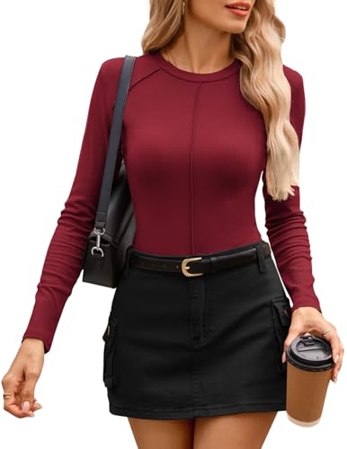 Image of Kate Kasin Fall Women Fitted Long Sleeve Shirt, Ribbed Knit Crewneck Top | Fall Trendy, Going Out, Casual, Party, Weekend Clothes