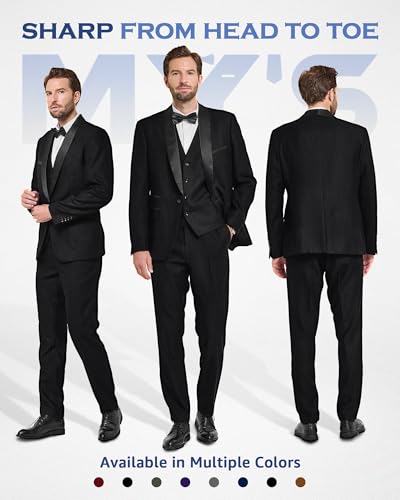 MY'S Mens 3 Piece Suit Set, One Button Shawl Lapel Tuxedo, Slim Fit Dinner Jacket Vest Pants & Tie, for Party Wedding Proms2