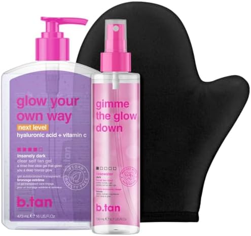 b.tan Clear Self Tanning Gel & Face Spray Kit | Glow Your Own Way Next Level + Gradual Facial Tan Mist Bundle - Dark, 1 Hour Express, Transfer-Resistant Fake Tanner, with Body Mitt Applicator