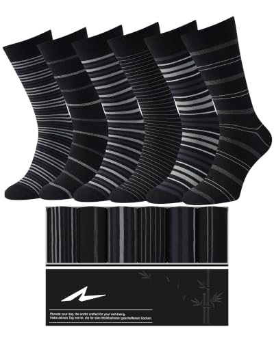 Image of Niorasen Men's Bamboo Rayon Dress Socks, 6 Pairs, Mid Calf | 90% bamboo rayon socks with breathable fabric and reinforced heel and toe; classic solid style for business and daily wear.