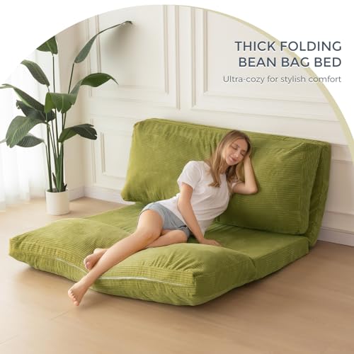 Image of MAXYOYO Folding Sofa Bed, Extra Thick and Long Floor Sofa Convertible Chair with Washable Cover, Floor Couch Lounge Bean Bag Bed for Living Room, Green, 30x91 Inch