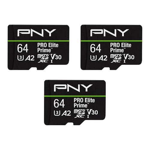 PNY 64GB PRO Elite Prime C10 U3 V30 A2 microSDXC Flash Memory Card – Ultra-Fast Speeds, Read 200MB/s, Write 110MB/s, 4K UHD, Full HD, UHS-I, for Smartphones, Drones, Action Cameras, 3-Pack
