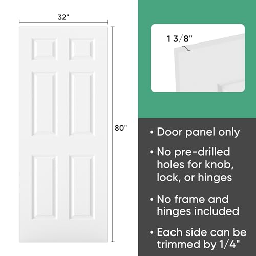 Image of BARNSMITH 32x80 in Raised 6-Panel Textured White Primed Door Slab, Classic Style Paintable Hollow Core Interior Door Panel, for Pocket, Swing, Sliding Door, No Pre-Drilling, Durable and Lightweight