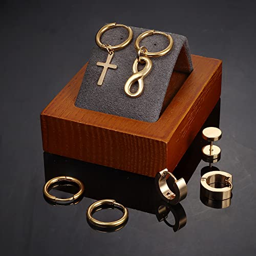 Dolotta 20 Pieces Mens Earrings Stainless Steel Hinged Hoop Earrings Cross Dangle Earrings Stud For Men Women Long Chain Kpop Earrings Setg Gold Tone #TOP5