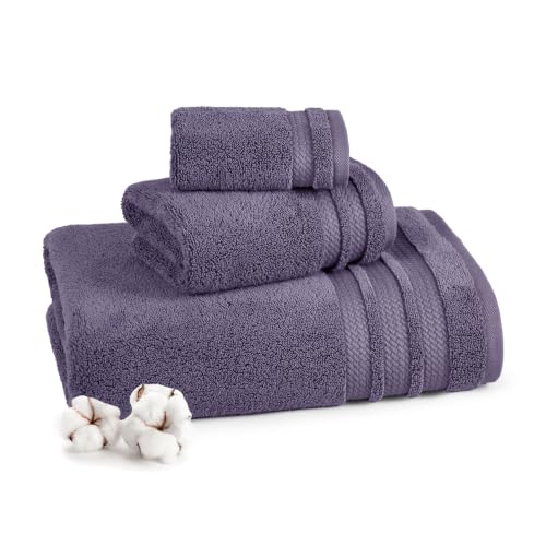 Image of MYTRIDENT Finesse 3 Piece Towel Set (1 Pc Bath Towel, 1 Pc Hand Towel, 1 Pc Face Towel), 625 GSM, Zero-Twist, Luxuriously Soft, 100% Cotton, Purple