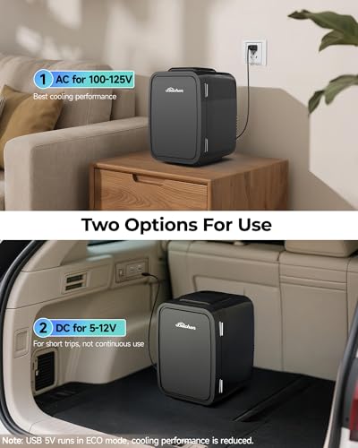 Image of BEICHEN Mini Fridge, 4 Liter /6 Can Portable Refrigerator for Bedroom Office Dorm Car- Fast Cooling, Low Noise, 100-125V AC /5-12V USB Small Compact Refrigerator for Skincare, Food, Drinks(Black)