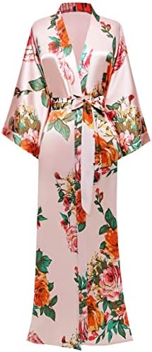BABEYOND Kimono Robe Long Floral Bridesmaid Wedding Bachelorette Party Robe 53 Inches (Pink)