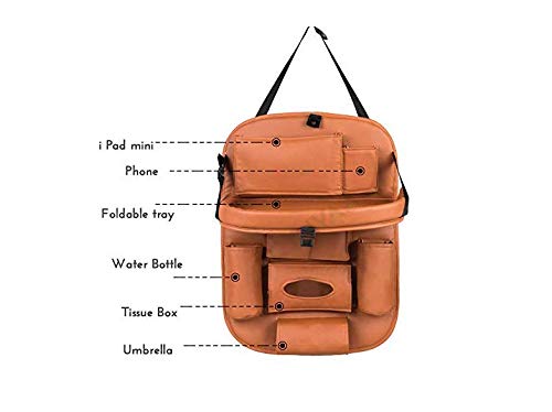 AUTONEST Heavy Leather Car Back seat Organizer with Foldable Dining Table Tray Waterproof Storage Pockets (Tan) for Chevrolet Sail UVA 1