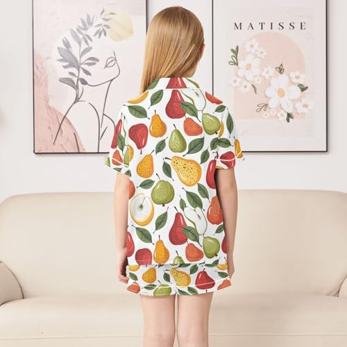 ALAZA Colorful Tropical Fruit Pear Leaves Pajamas Satin Pajama Set Short Sleeve Button Down Sleepwear4