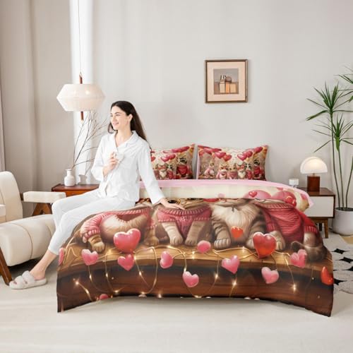 Image of Cute Cats Twin Comforter Set Pink Heart Balloons Decor Bedding Sets Valentine's Day Romantic Lovely Kitty Bedroom Decor Comforter,Flat Sheet,Fitted Sheet,2 Pillowcases,2 Pillow Covers,7 Pieces