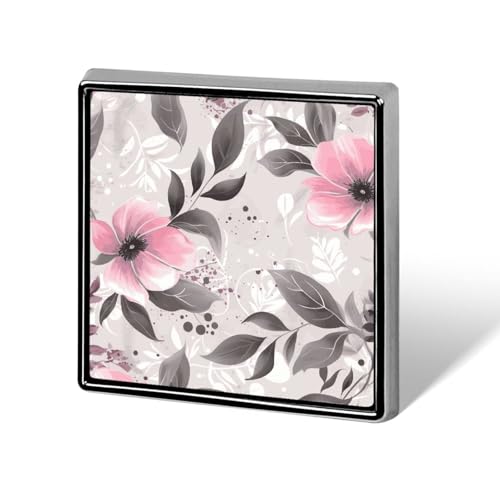 Square Lapel Pins Square Brooceh Badge for Backpacks Or LapelsPink Flowers And Leaves on Gray Lapel Accessory