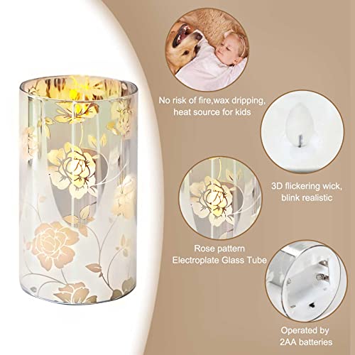 Image of Floral Glass Flameless Candles Rose Romantic Battery Operated with Remote Flickering LED Silver Real Wax Pillar Candle for Valentine's Day Wedding Party Home Christmas Decor, Set of 3