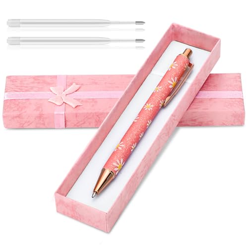 Wincredulous 1 Piece Sparkly Floral Pen Gift Set Velentines Day Gift Pen for Women Bling Shiny Daisy Retractable Ballpoint Pen 2 Ballpoint Refills 1 Gift Box Black Ink Smooth Writing(Soft Pink)