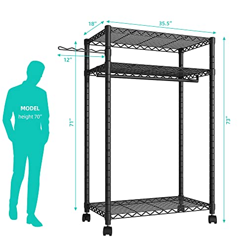 Punion Heavy Duty Rolling Garment Rack,Portable Clothes Rack For Hanging Clothes,Clothing Rack,Wardrobe Storage Rack With 3 Shelves,1 Hang Rod,1 Side Hook ,36" Lx18 Wx71 H, Max Load 500Lbs, Black,Gr1 #TOP3