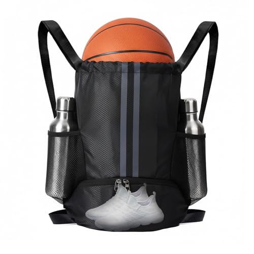 YEVOPOU Sports Drawstring Backpack with Shoes Compartment String Gym Bag with Wet Proof Pocket for Basketball Soccer Swim Black Sport Bag for Men and Women