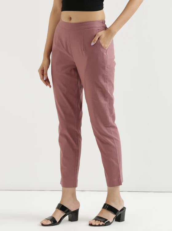 Image of D K W Women's Mid Rise Relaxed Fit Cotton Flex Trousers with Elastic Back & Drawstring - Ideal for Winter, Formal, Office & Casual Wear, Comfortable for Girls and Women