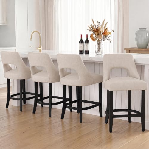 Image of UVV Bar Stools Set of 4, Modern Upholstered Counter Height Bar Stools, Faux Leather Counter Stools BarStools with Wood Legs for Kitchen Island Dining Room Bar, Beige