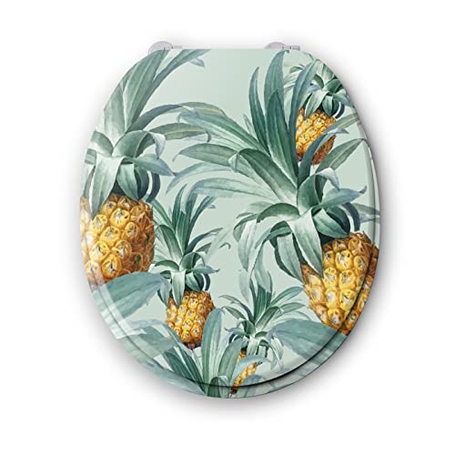BENKI - Lunette De Toilette Ananas - Abattant WC Avec Frein De Chute - WC En Bois Avec Charnières En Acier Inoxydable & Ajustables - Forme Universelle