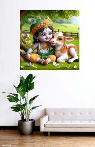 Image of Baby Krishna With Calf Wall Poster for Pooja Room, Office, Kids Room (Size- 46CM X 46CM)