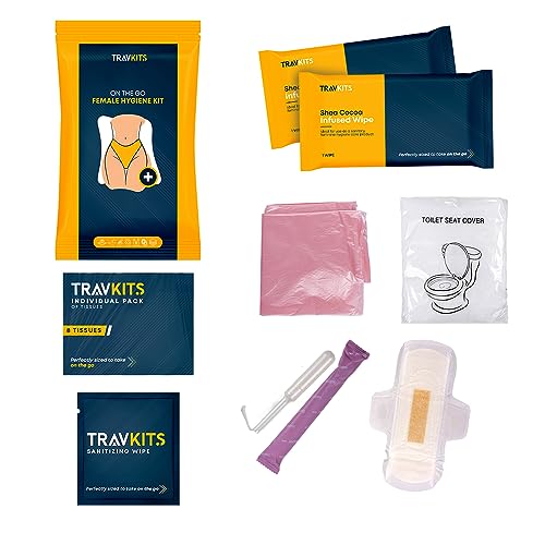 TravKits Female Hygiene Kit - [6 Pack] Feminine Care for On The Go - Tampon & Sanitary Pad for Menstrual Cycle Needs - Scented Sanitary Bag for Disposal - Toilet Seat Cover