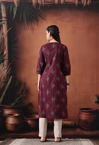 Image of Ichaa Women's Pure Cotton Embroidered Round-Neck Ethnic Kurta with 3 /4th Sleeve for Daily and Office Wear, in Plus Sizes