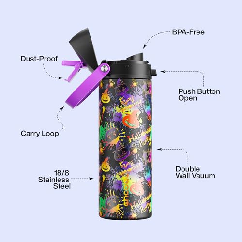 Image of Insulated Water Bottle with Straw - Encool Stainless Steel Water Bottle with Push Button Lid, Leak-Proof & BPA-Free, Keeps Cold for 24 Hours for Sports, Travel, Gym (24 oz, Ghost Party)
