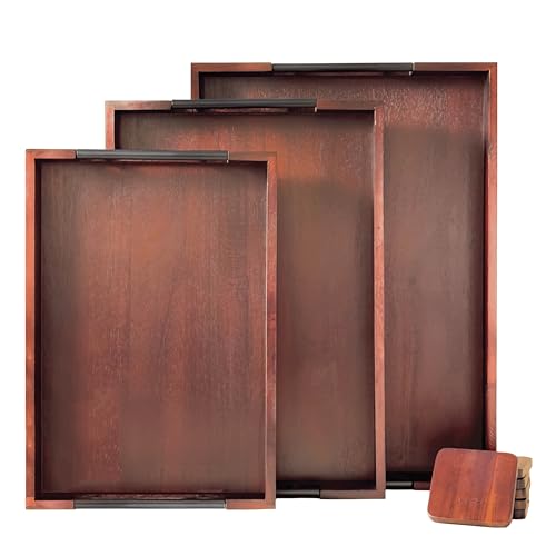 SNAZZORA Acacia Wood Serving Tray - Set of 3 with Black Steel Handles 18', 16' & 14' with 6 Coasters...