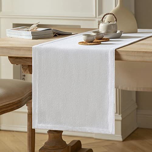 Image of ZeeMart Burlap Style Farmhouse Table Runners 90 Inches Long, White Rustic Woven Dining Table Runner for Everyday Use, 14x90 Inches, White