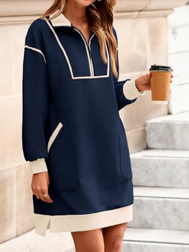 Image of Wenrine Womens Half Zip Sweatshirt Dress Fall V Neck Contrast Mini Dresses