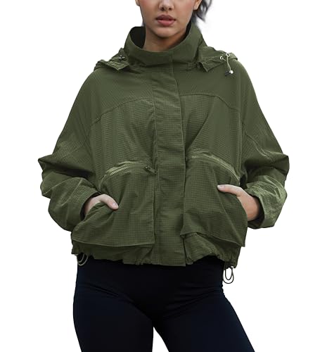 PESION Women Army Green Waterproof Lightweight Rain Jacket Active Outdoor Hooded Raincoat, Olive Green, Medium